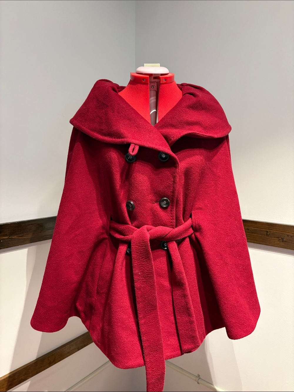 EUC Sz S/M Calvin Klein Crimson Red Belted Double-Breasted Wool Cape